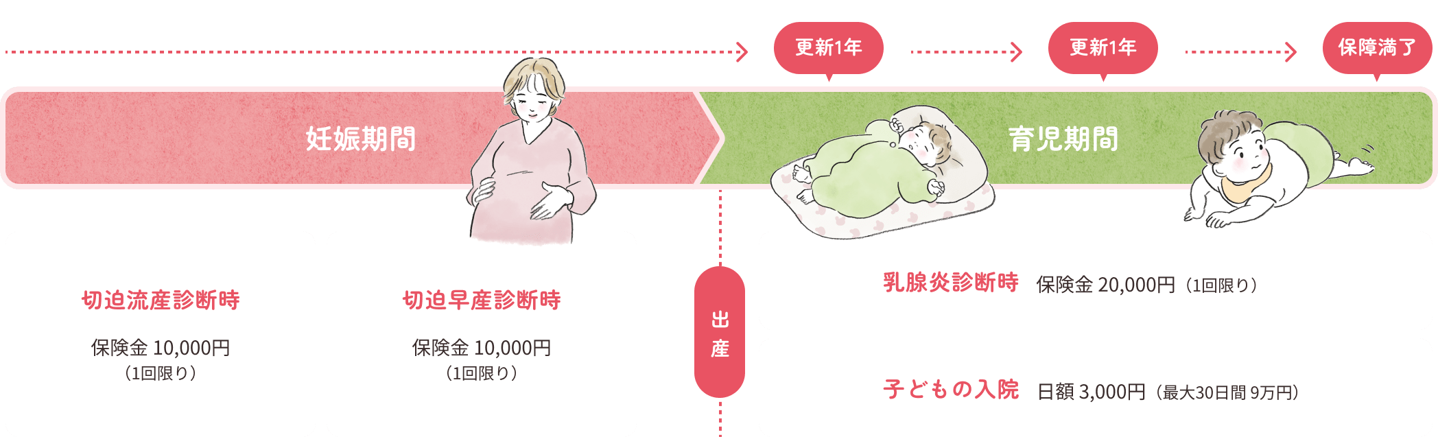 妊娠期間:
        切迫流産診断時 保険金 10,000円 （1回限り）、切迫早産診断時 保険金 10,000円（1回限り）／出産／育児期間：乳腺炎診断時 保険金 20,000円（1回限り）、子どもの入院 日額 3,000円（最大30日間 9万円）